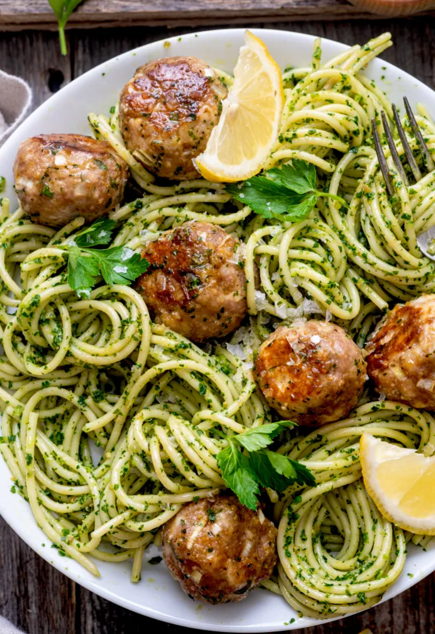 Cauliflower Pasta with Turkey–Lion’s Mane Meatballs
