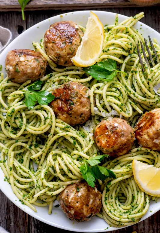 Cauliflower Pasta with Turkey–Lion’s Mane Meatballs